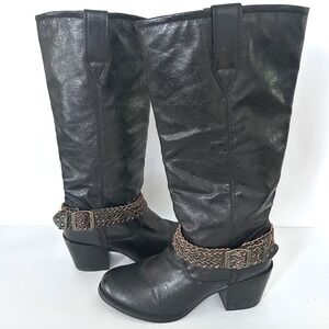 Durango Philly Harness Boots Womens 6.5 Black Braided Strap Tall Western Leather